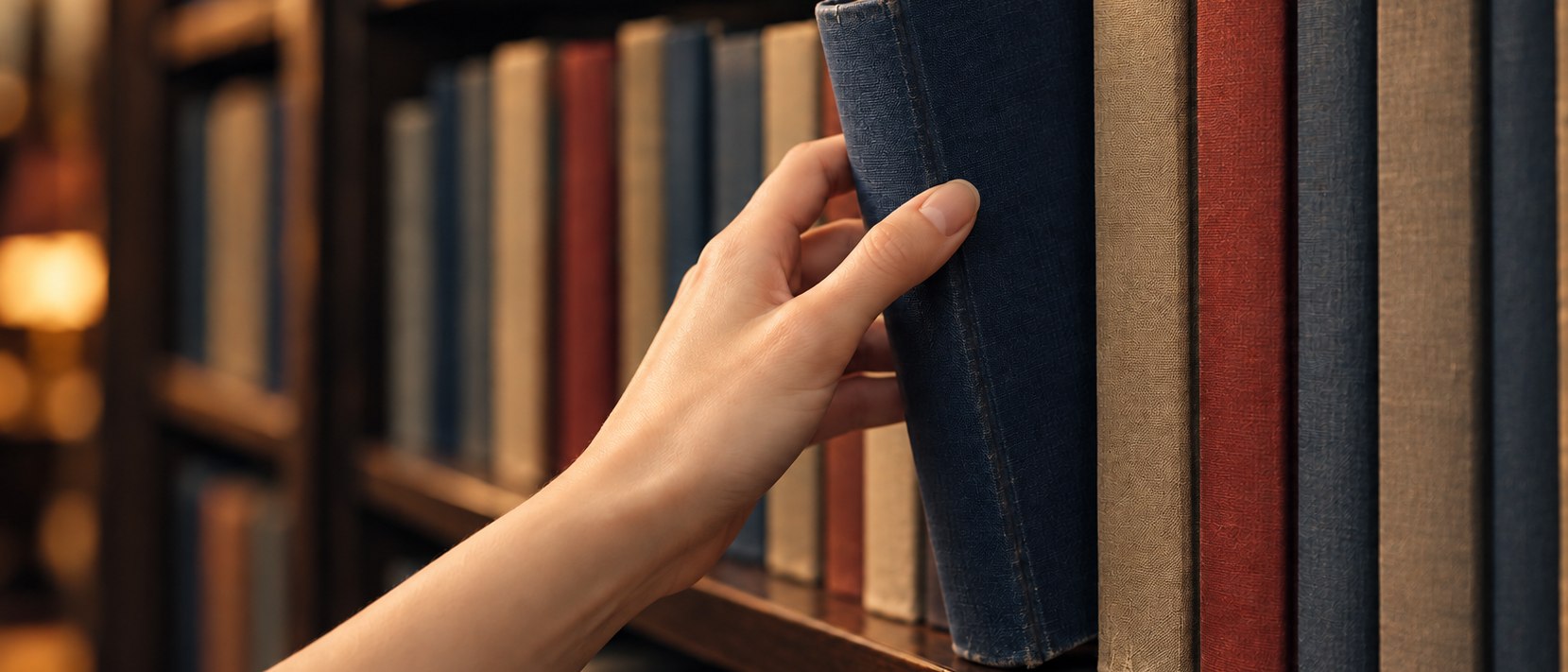 書棚から一冊の本を取り出す手元