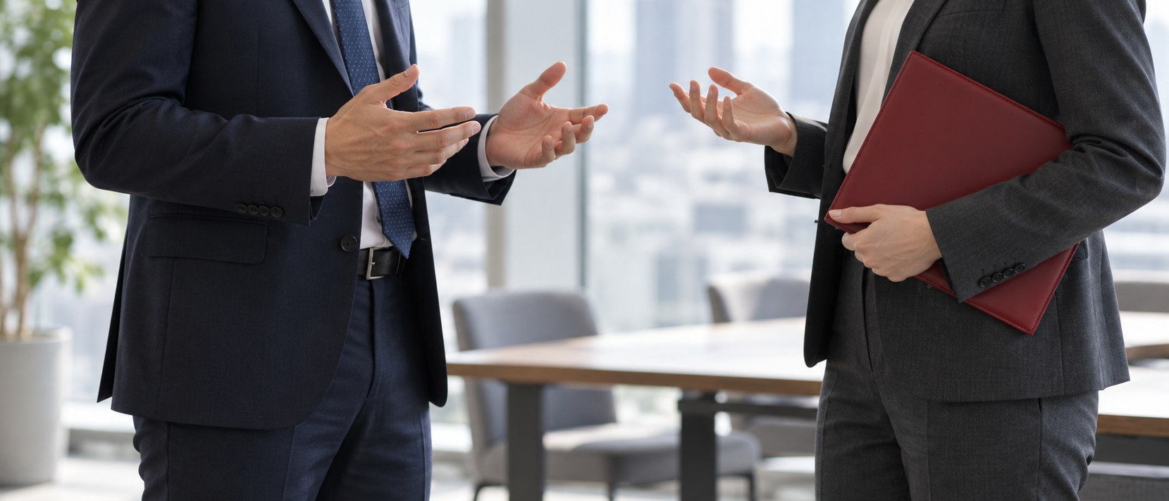 向かい合って技術課題を議論する二人の担当者
